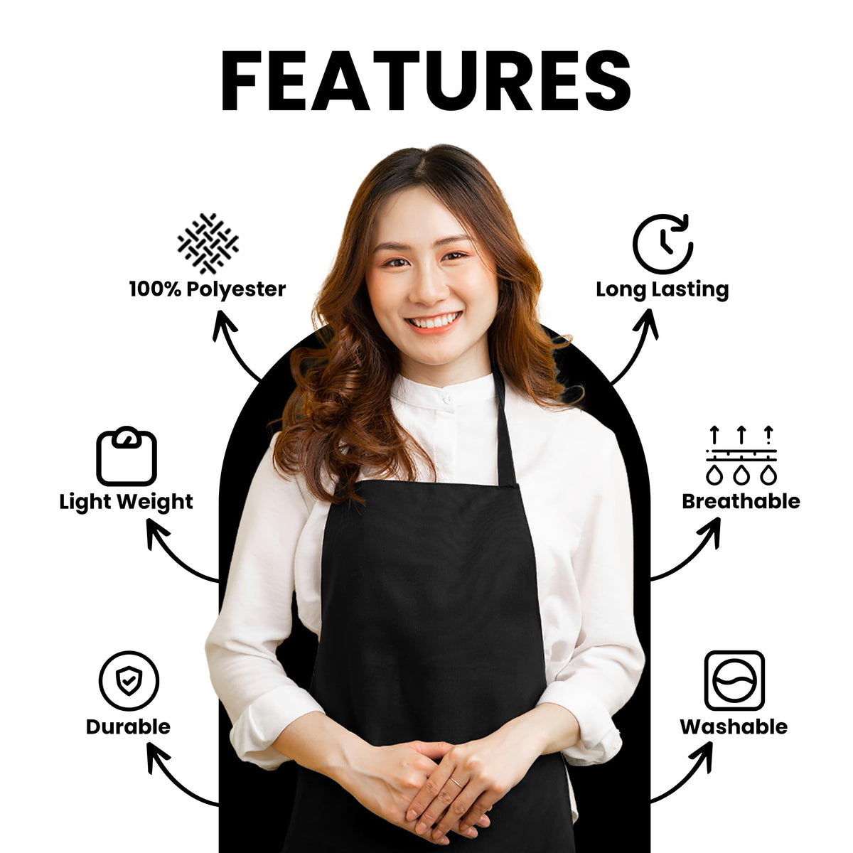 Avalon Kitchen black apron for women, back view, full coverage and protection.
