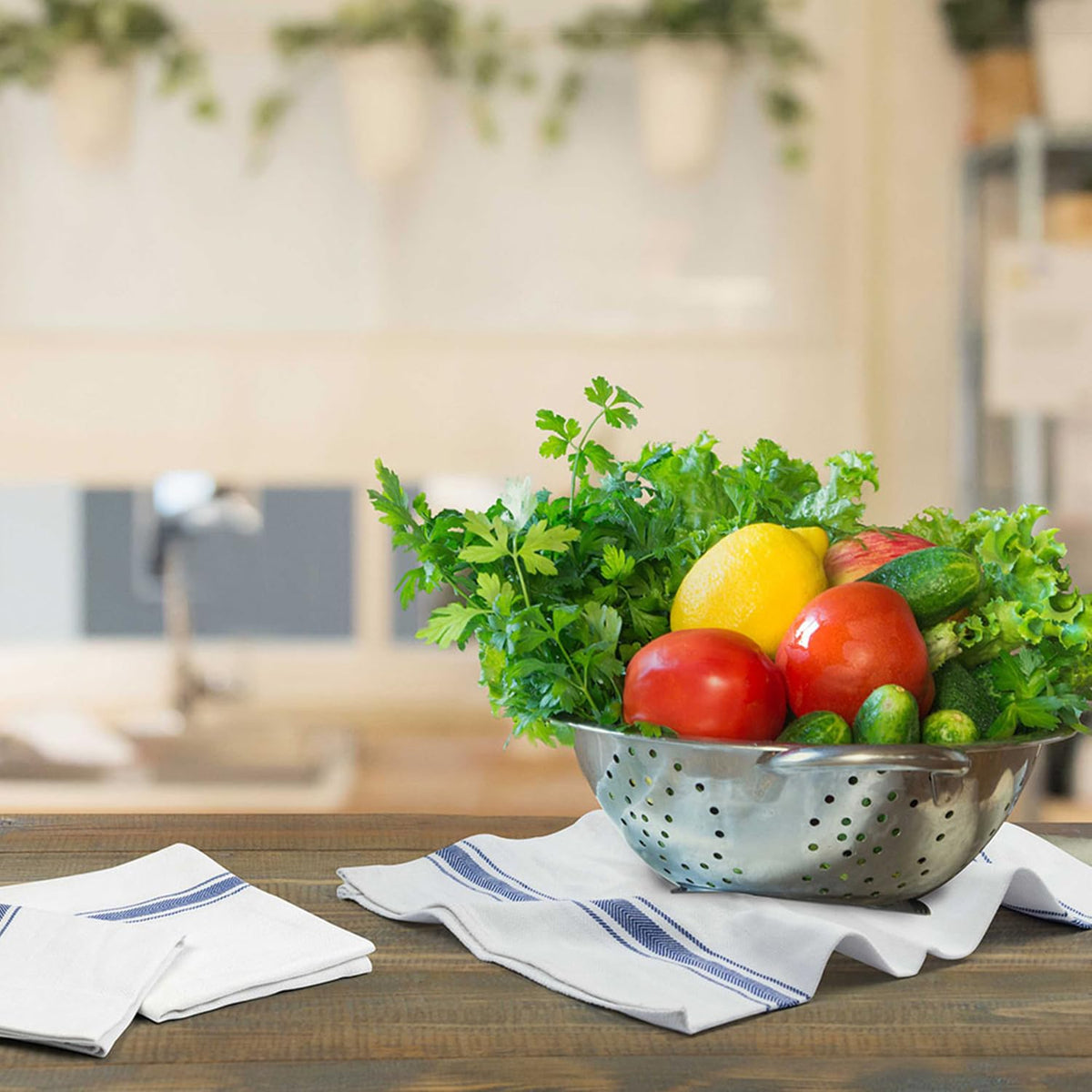 Avalon Kitchen dish towels displayed on counter with blue color for bright kitchen tasks.