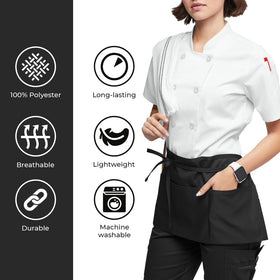 Avalon Kitchen three-pocket waitress apron shown ready for daily tasks