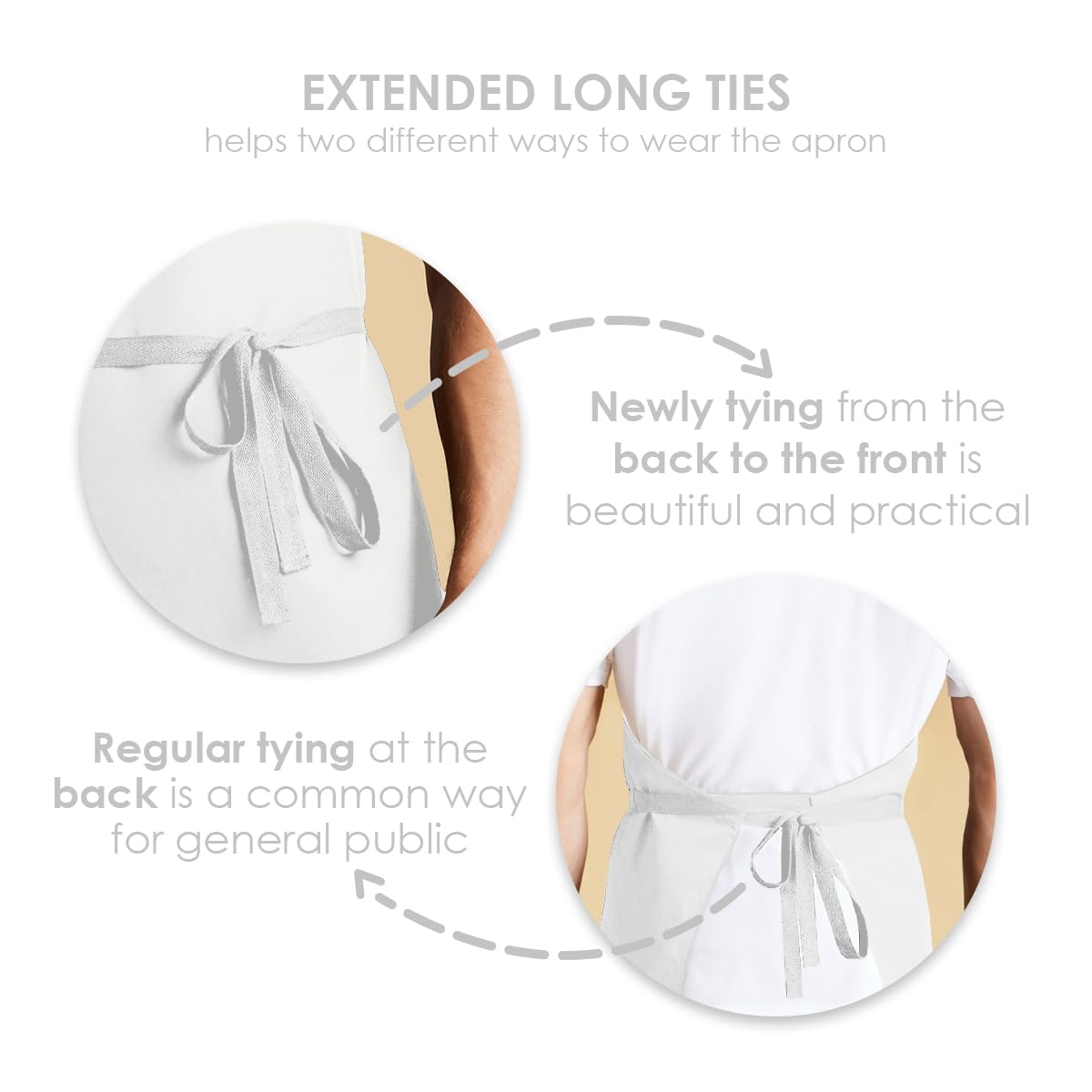 Avalon Kitchen white apron close-up stitching detail for sturdy construction.