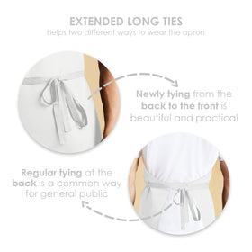 Avalon Kitchen white apron close-up stitching detail for sturdy construction.