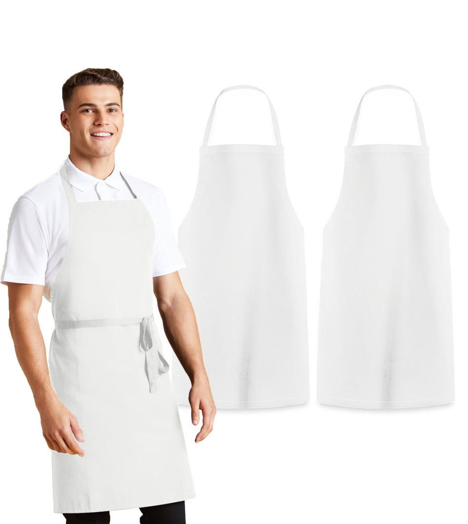 Avalon Kitchen white apron front view highlighting durable stitching for long-lasting wear.