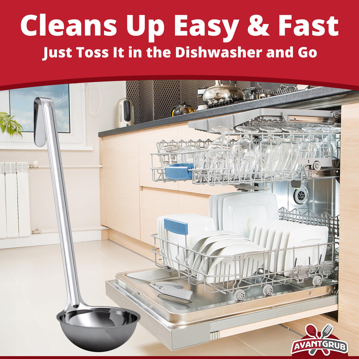 Avant Grub 6oz ladle ensures consistent portions for mains and sides.