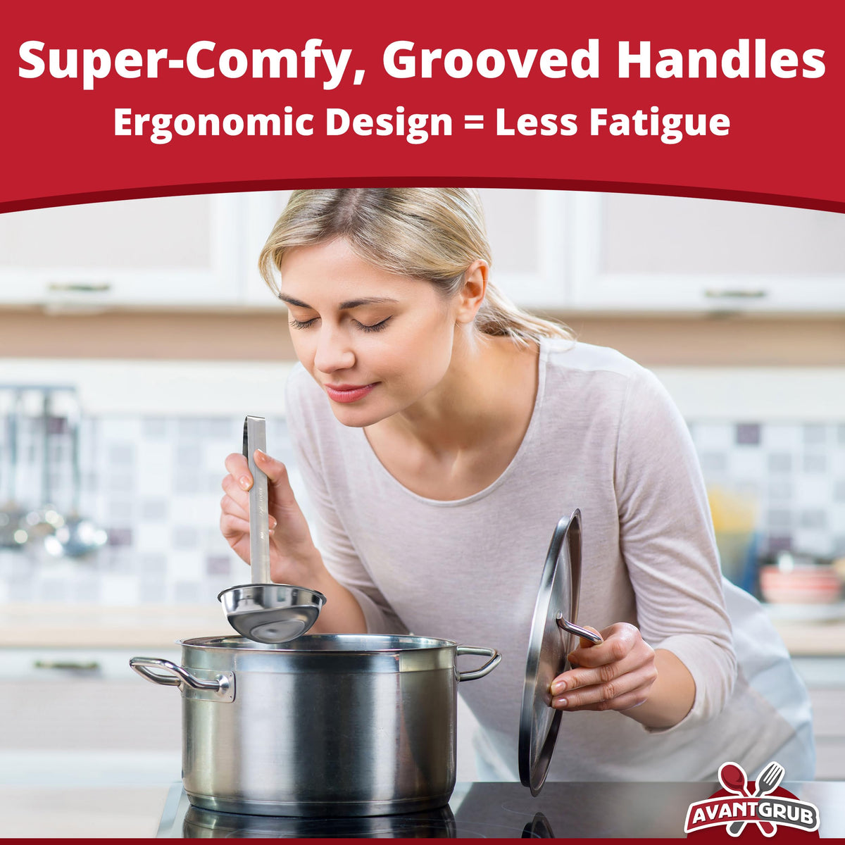 Avant Grub 8oz ladle handles large batches with minimal spills.