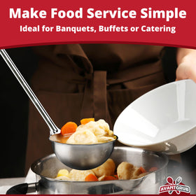Avant Grub ergonomic-handle ladle closeup shows comfortable grip for long shifts.