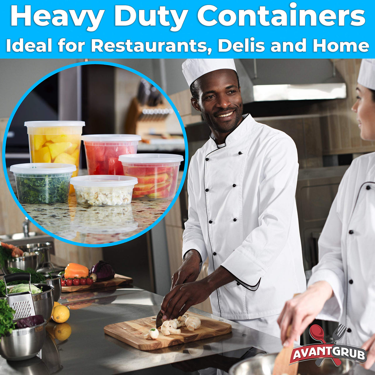 Avant Grub stackable lids on clear deli containers help organized fridge storage.