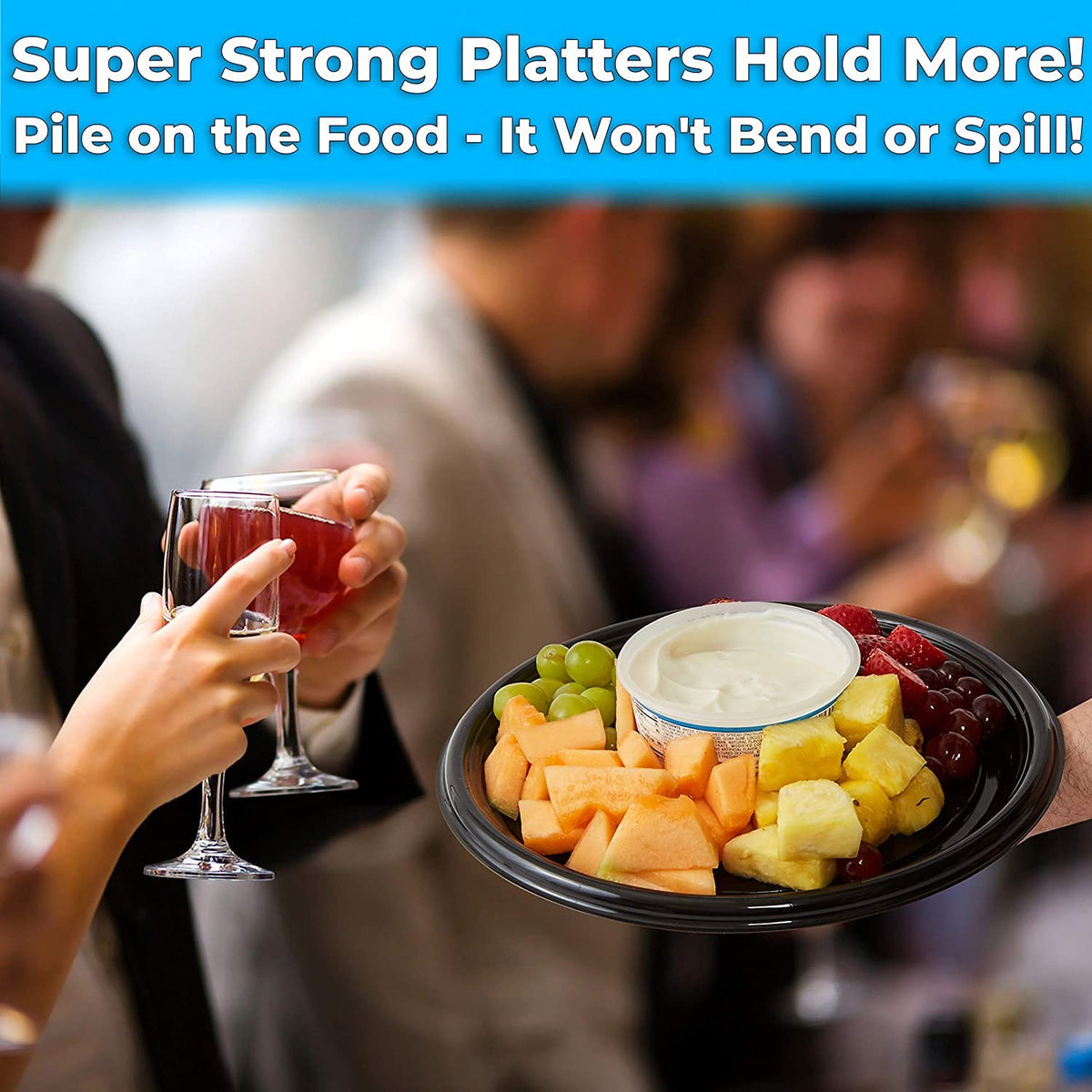 Avant Grub black round catering tray with a dome lid for elegant presentation.