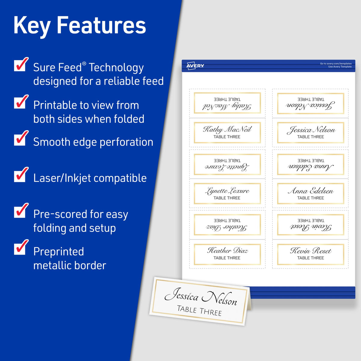 Avery 35701 blank tent card ready for dual-sided printing on laser or inkjet