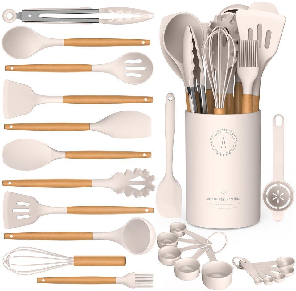 AVGPD silicone cooking utensils set with wooden handles protects non-stick cookware.