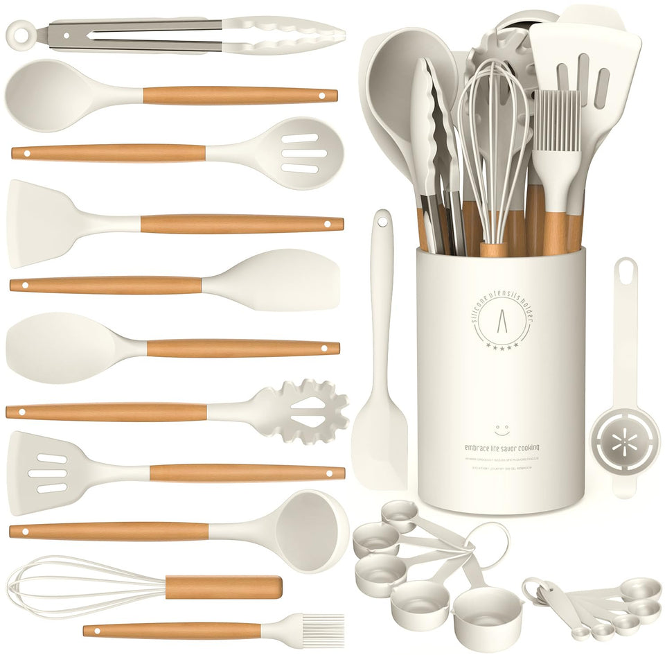 AVGPD silicone utensils set, full collection view, safe for non-stick cookware and easy cleaning.