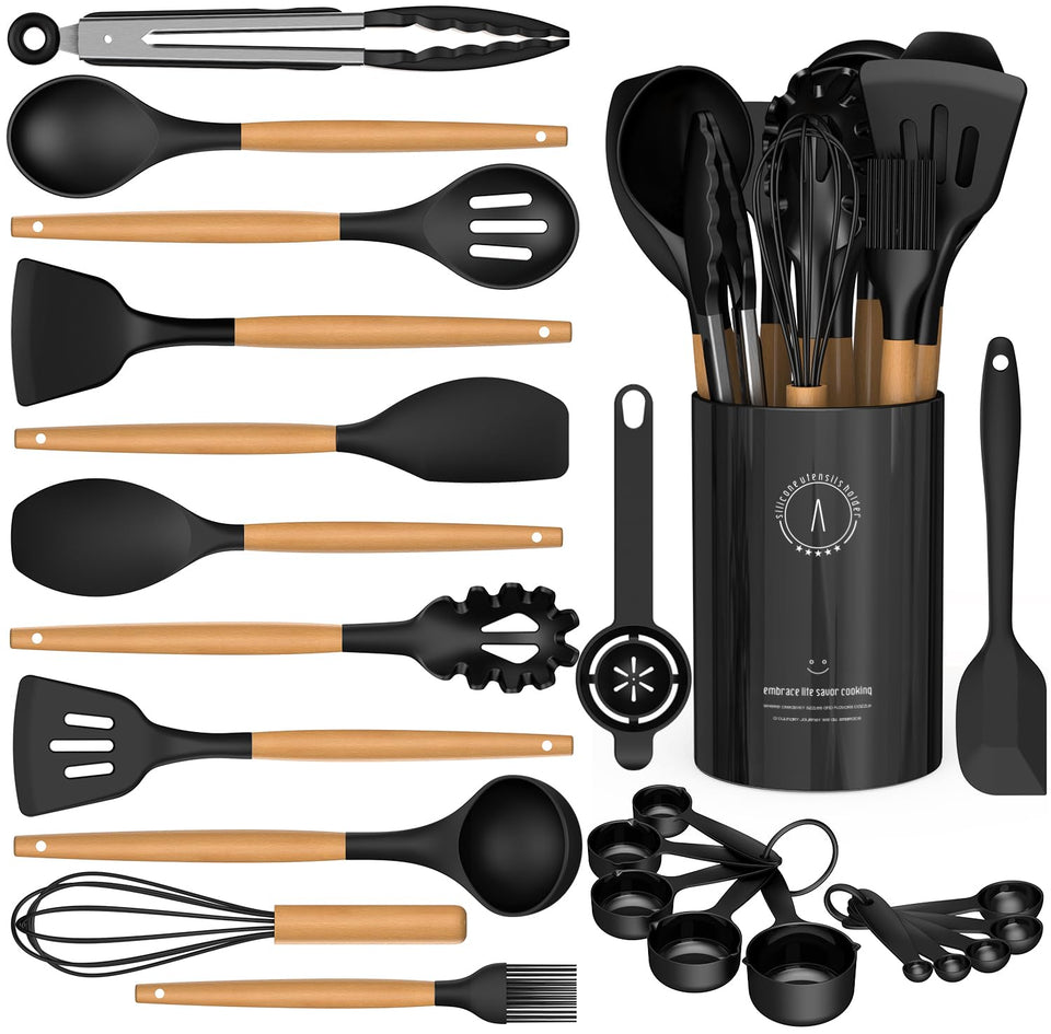AVGPD silicone cooking utensils with wooden handles ideal for protecting non-stick cookware.