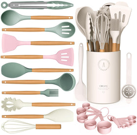 AVGPD silicone cooking utensils set with wooden handles for nonstick cookware.