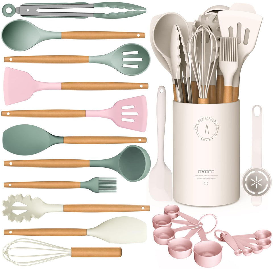AVGPD silicone cooking utensils set with wooden handles for nonstick cookware.