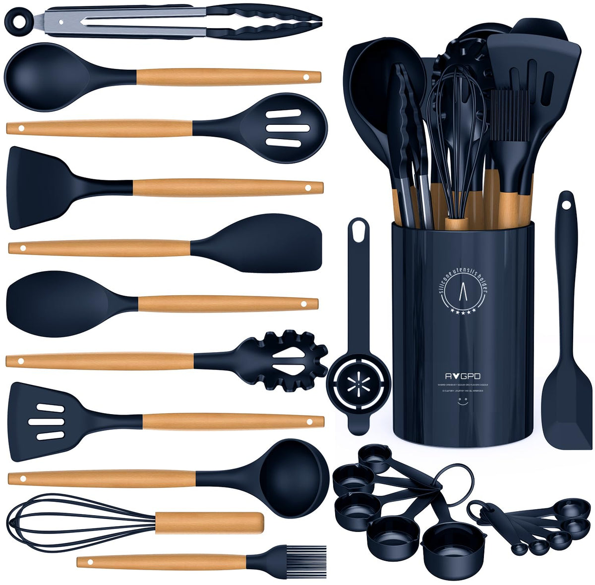 AVGPD silicone kitchen utensils with wooden handles, heat resistant up to 446°F for safe cooking.