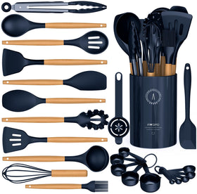 AVGPD silicone kitchen utensils with wooden handles, heat resistant up to 446°F for safe cooking.