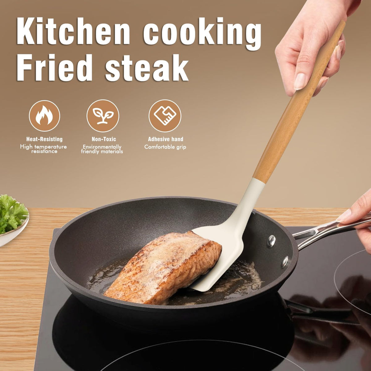 AVGPD wooden-handle utensils, durable silicone core, stays rigid during high-heat cooking.