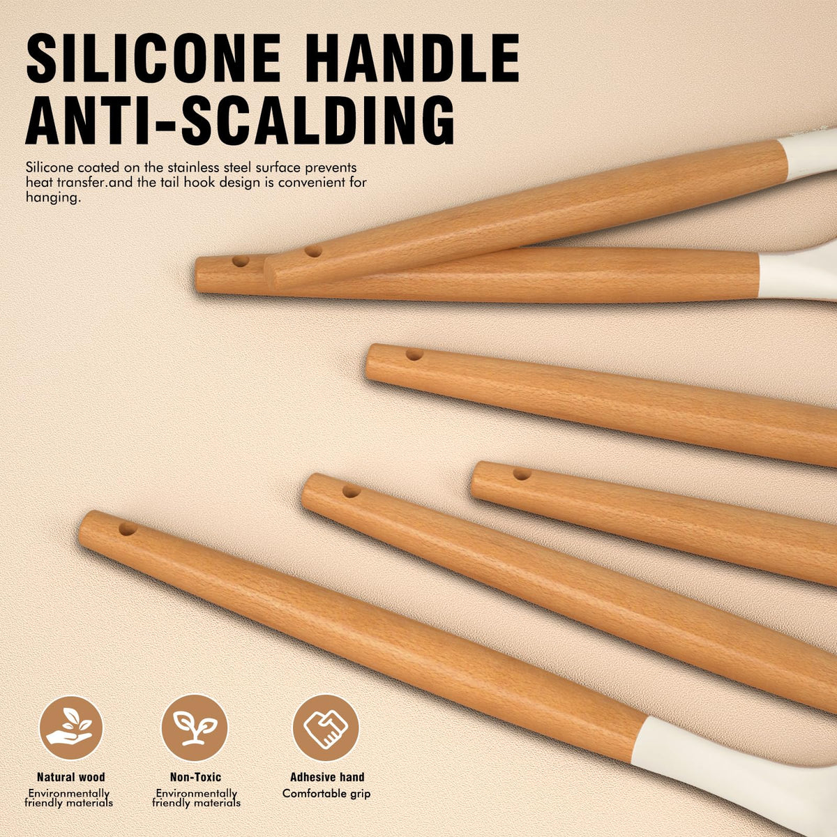 AVGPD silicone tongs and spatulas with holder, organized kitchen tools at a glance.