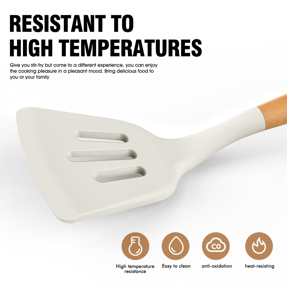 AVGPD heat-resistant utensils in cream white, safe with high-temperature pans and bakeware.