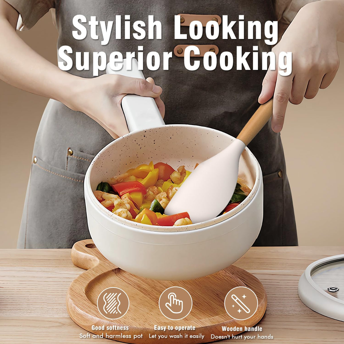 AVGPD silicone spatula and turner close-up, heat resistant up to 446°F for frying tasks.