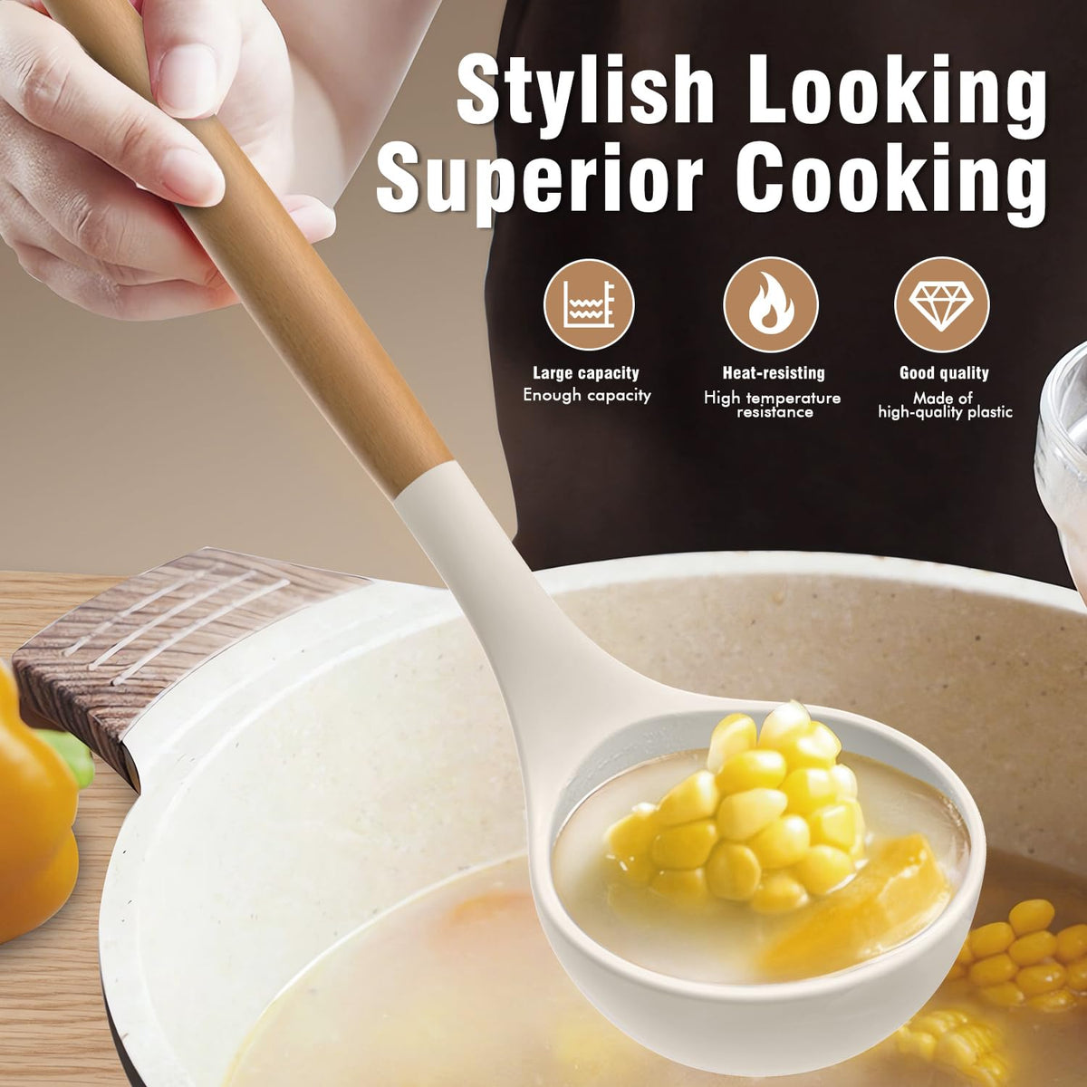 AVGPD non-stick cookware safe spoon and ladle set, one-piece design for easy cleaning.