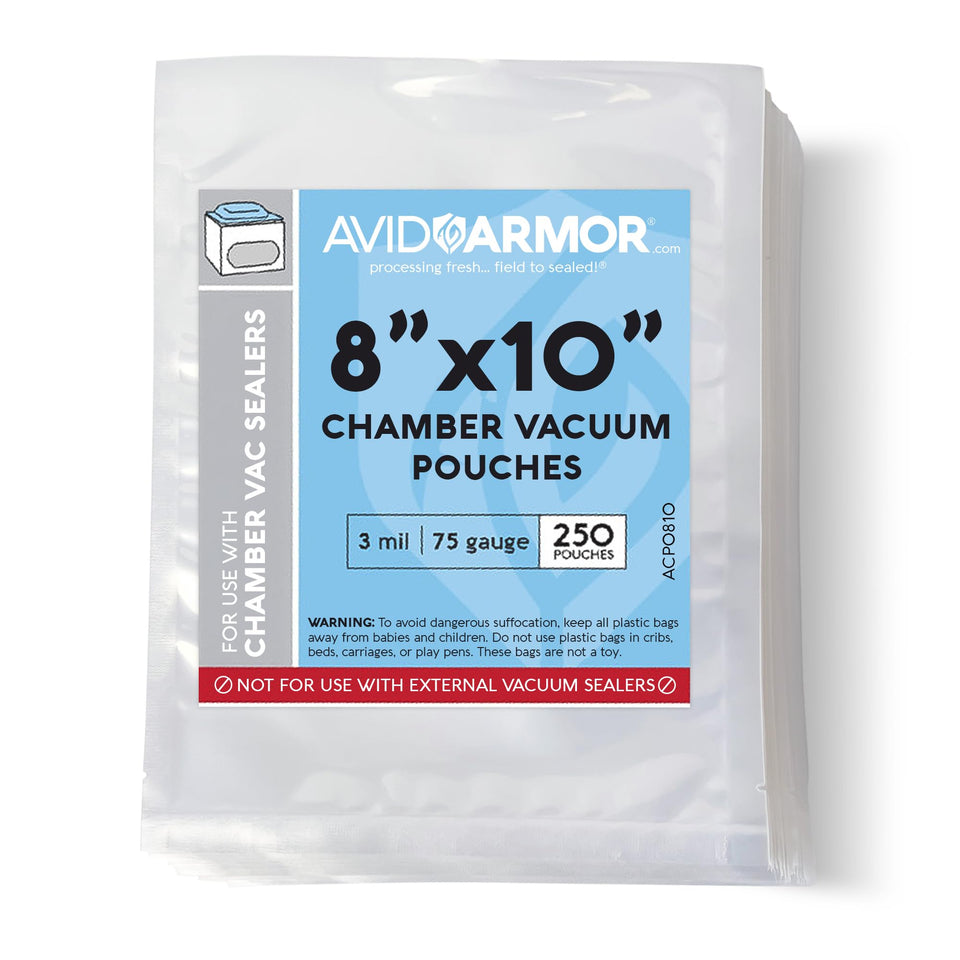 Avid Armor chamber vacuum bags 8x10 ready for precise chamber sealing and long-term storage.
