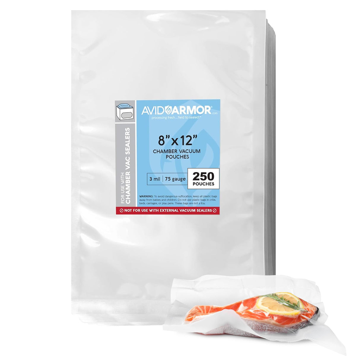 Avid Armor chamber vacuum bags 8x12 in a 250-pack, ideal for freezer storage.
