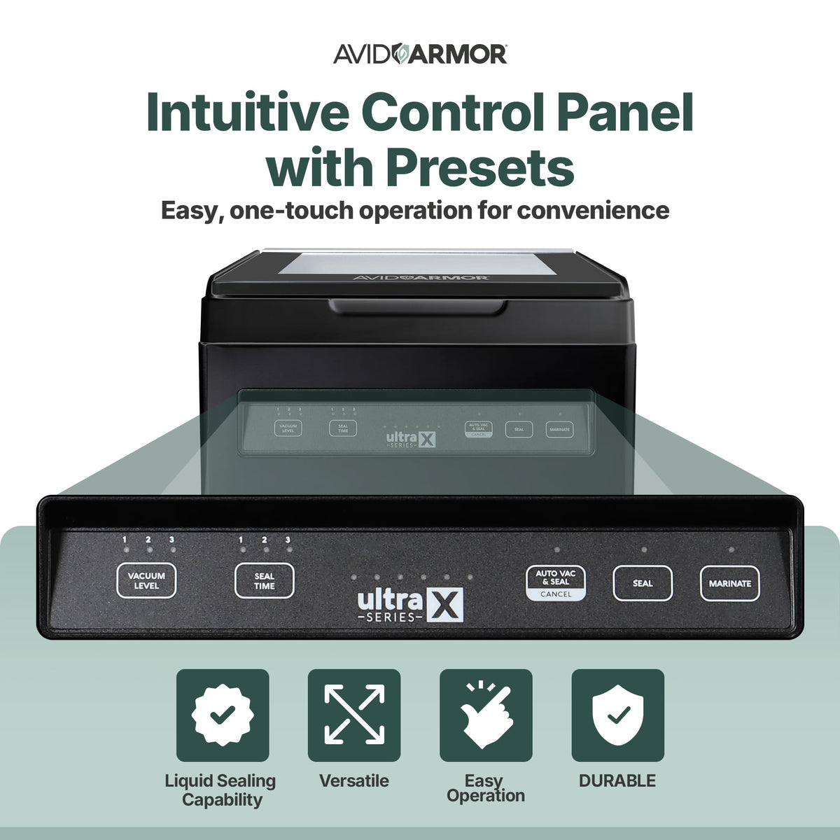 Avid Armor USVX Ultra control panel with presets for vacuum and seal.
