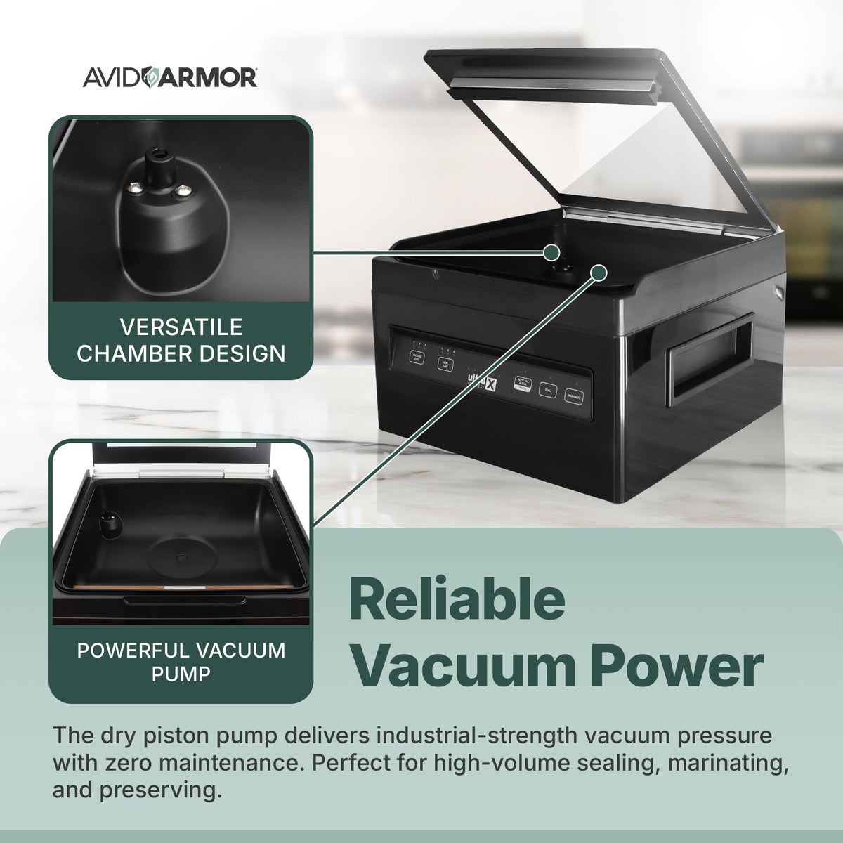 Avid Armor USVX Ultra dry piston pump provides strong, reliable vacuum.