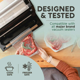 Avid Armor sous vide-ready bags shown sealing ingredients precisely.