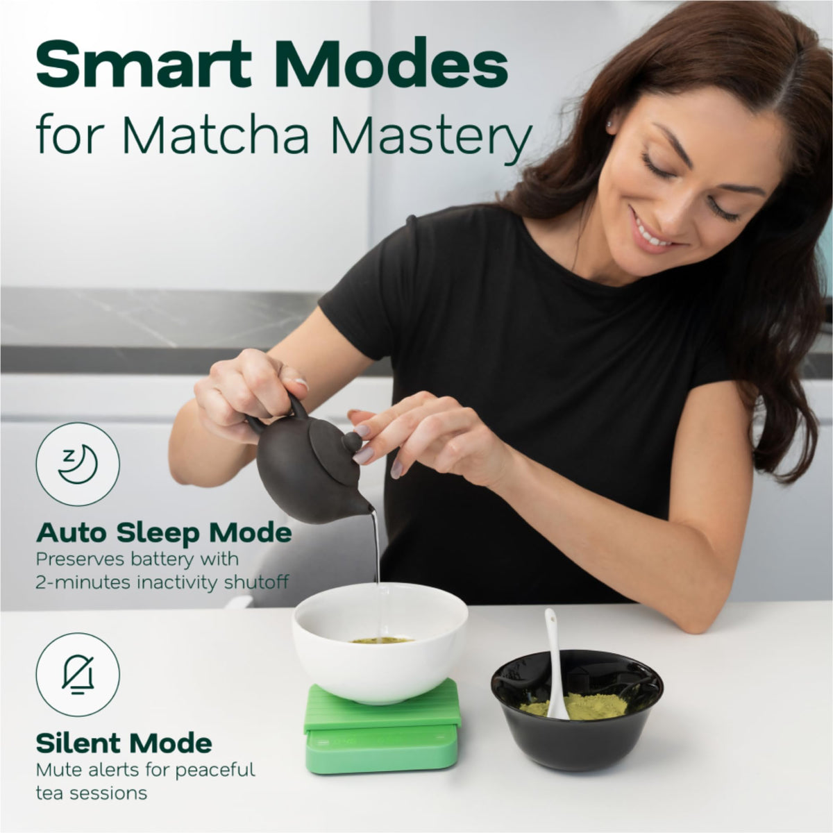 Aviora Matcha Scale side view highlighting slim profile for storage.