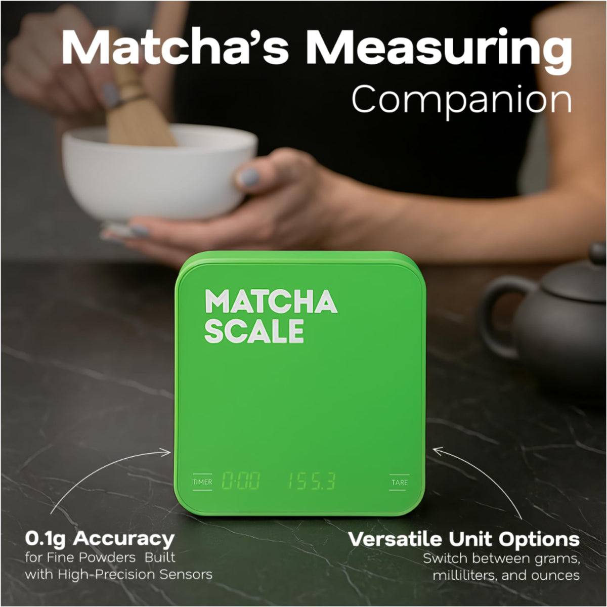 Aviora Matcha Scale USB-C recharge enabling long battery life.