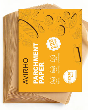 Avirho precut parchment paper 12x16 for easy, non-stick baking on half-sheet pans.