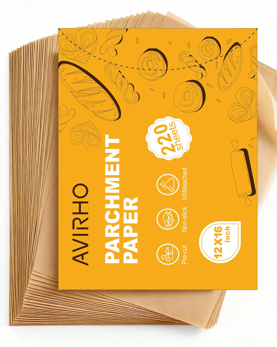 Avirho precut parchment paper 12x16 for easy, non-stick baking on half-sheet pans.
