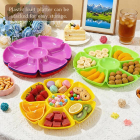 AVLA 12-piece tray set stacked for easy storage and quick party setup.