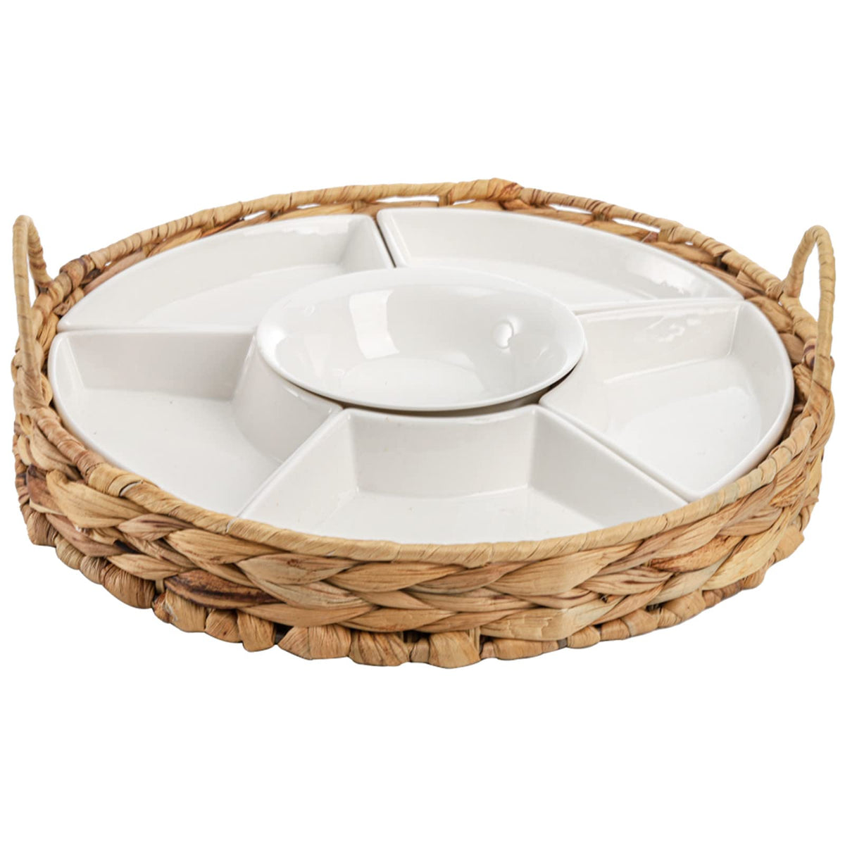 AVLA ceramic divided serving dishes with cattail basket as a stylish snack centerpiece.