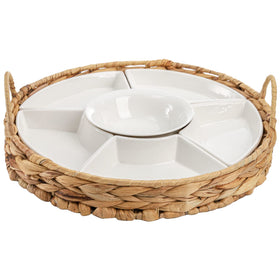AVLA ceramic divided serving dishes with cattail basket as a stylish snack centerpiece.