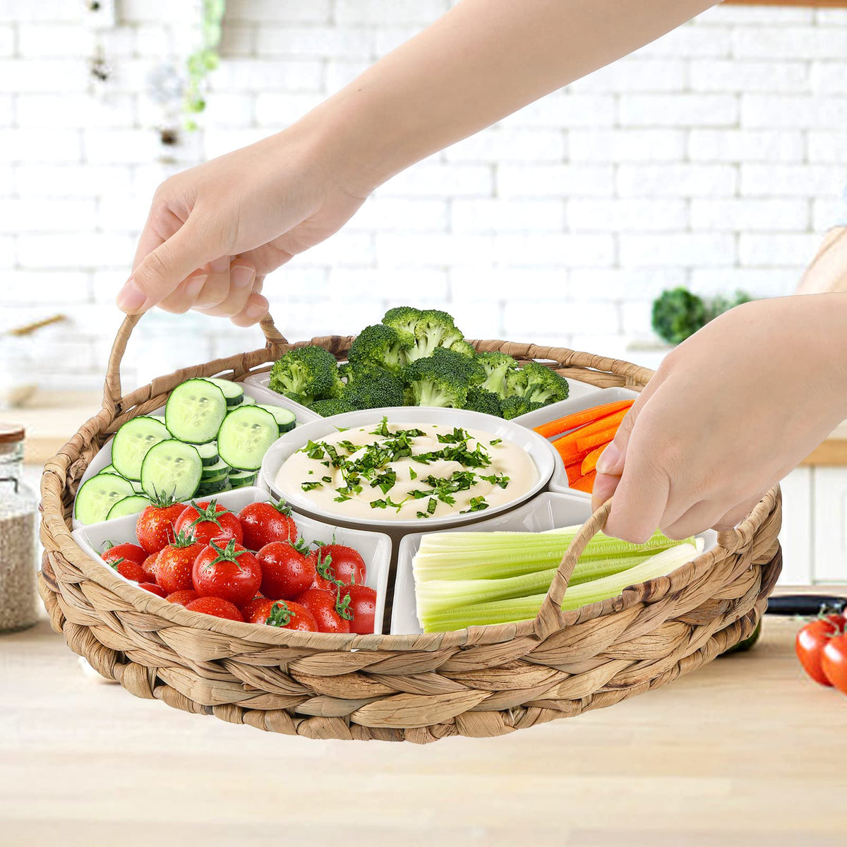 AVLA chip-dip tray keeps appetizers organized for parties.