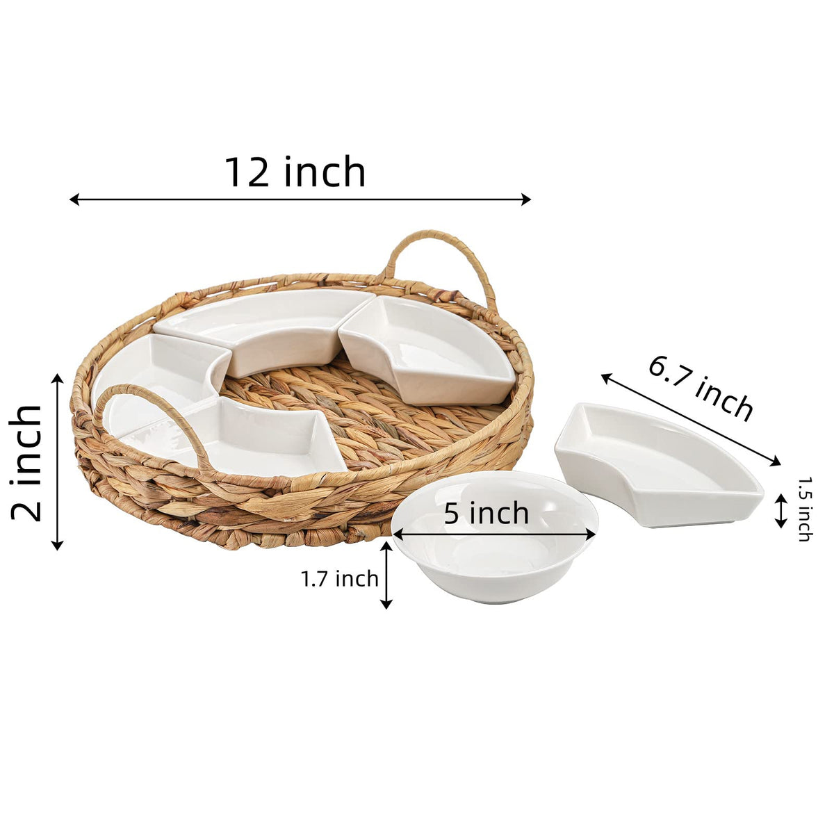 AVLA porcelain relish tray shows chips and dips in six bowls.