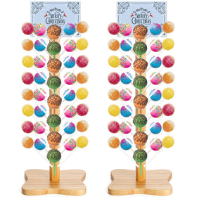 AVLA wood cake pop stand setup on a table with a 48-hole display