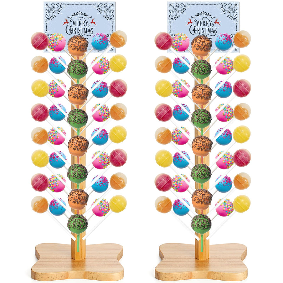 AVLA wood cake pop stand setup on a table with a 48-hole display