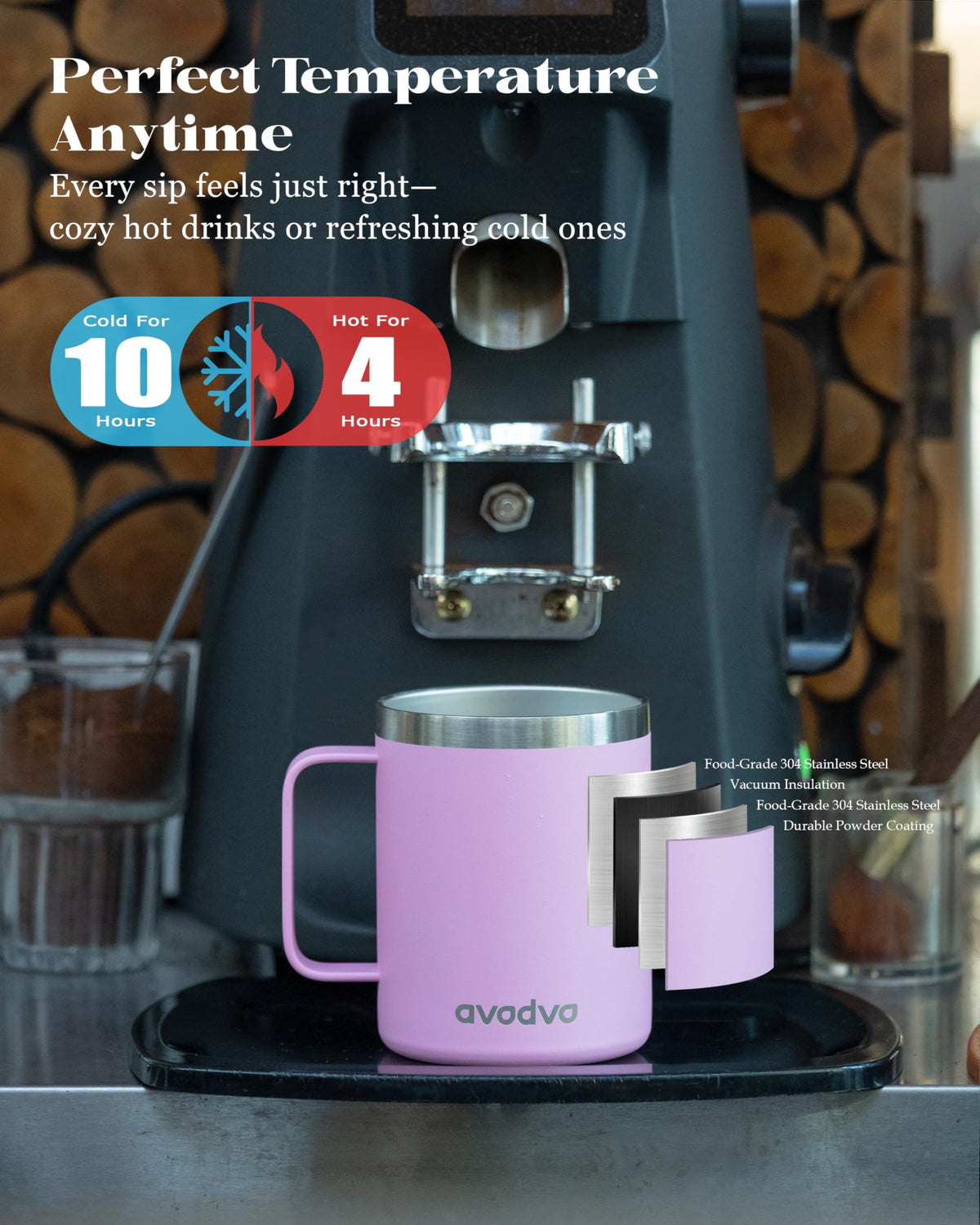 avodvo 12oz insulated mug with two lids for commuting and home use
