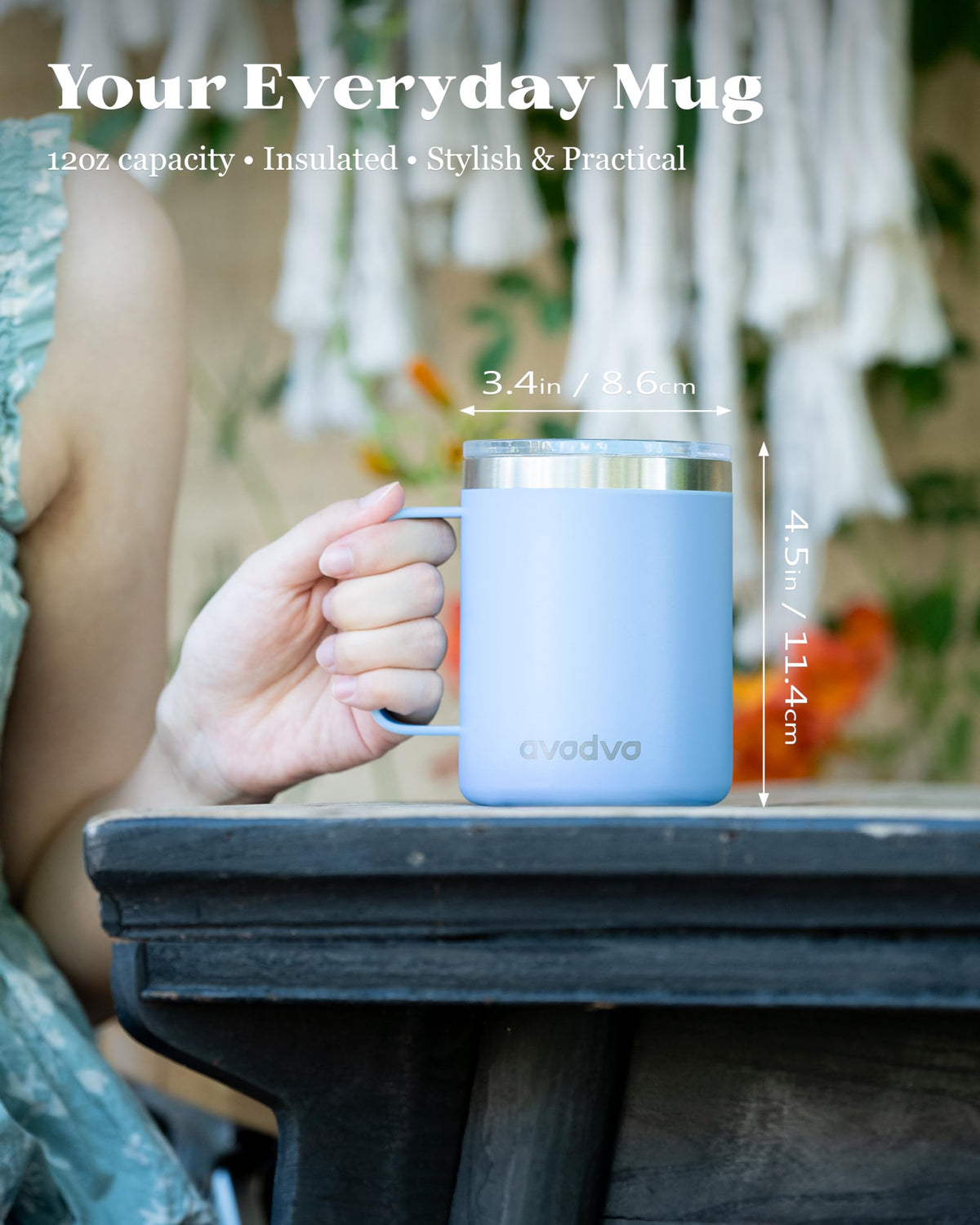 avodvo 12oz mug with sturdy stainless-steel handle.