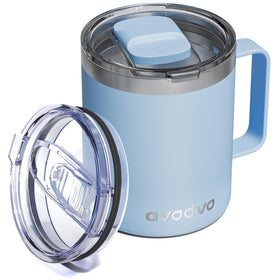 avodvo 12oz mug with two lids and leak-proof slide lid for travel.