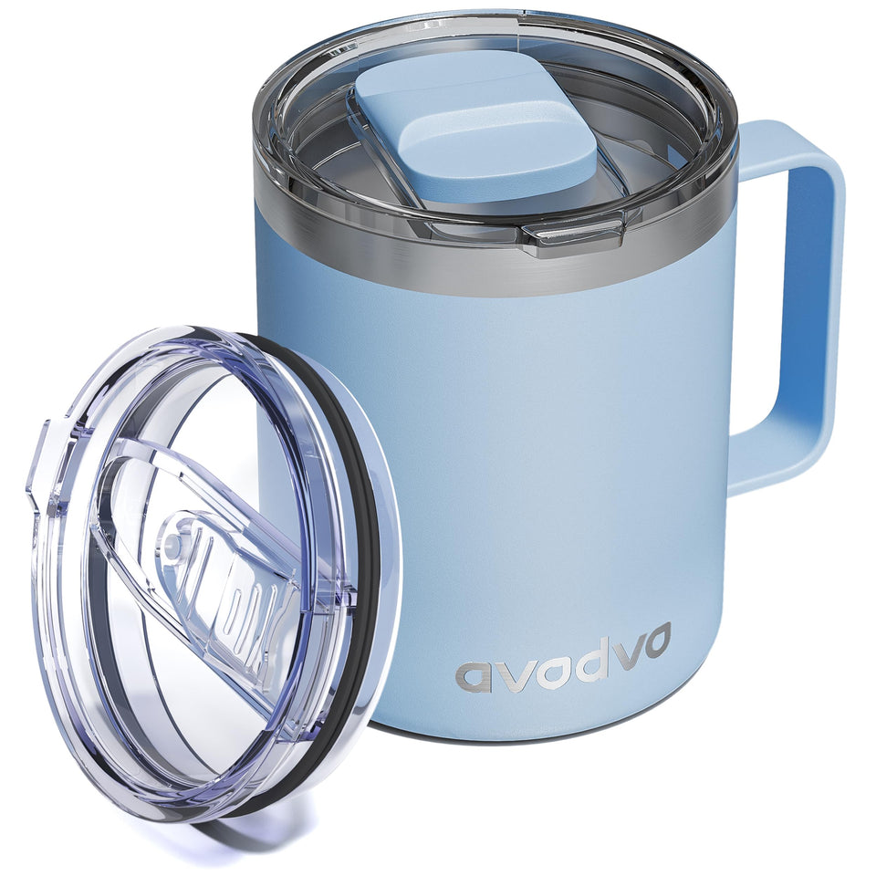 avodvo 12oz mug with two lids and leak-proof slide lid for travel.