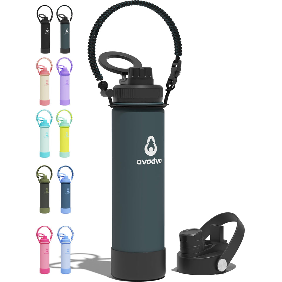avodvo 64 oz bottle with magnetic lid for hands-free phone access on the move.