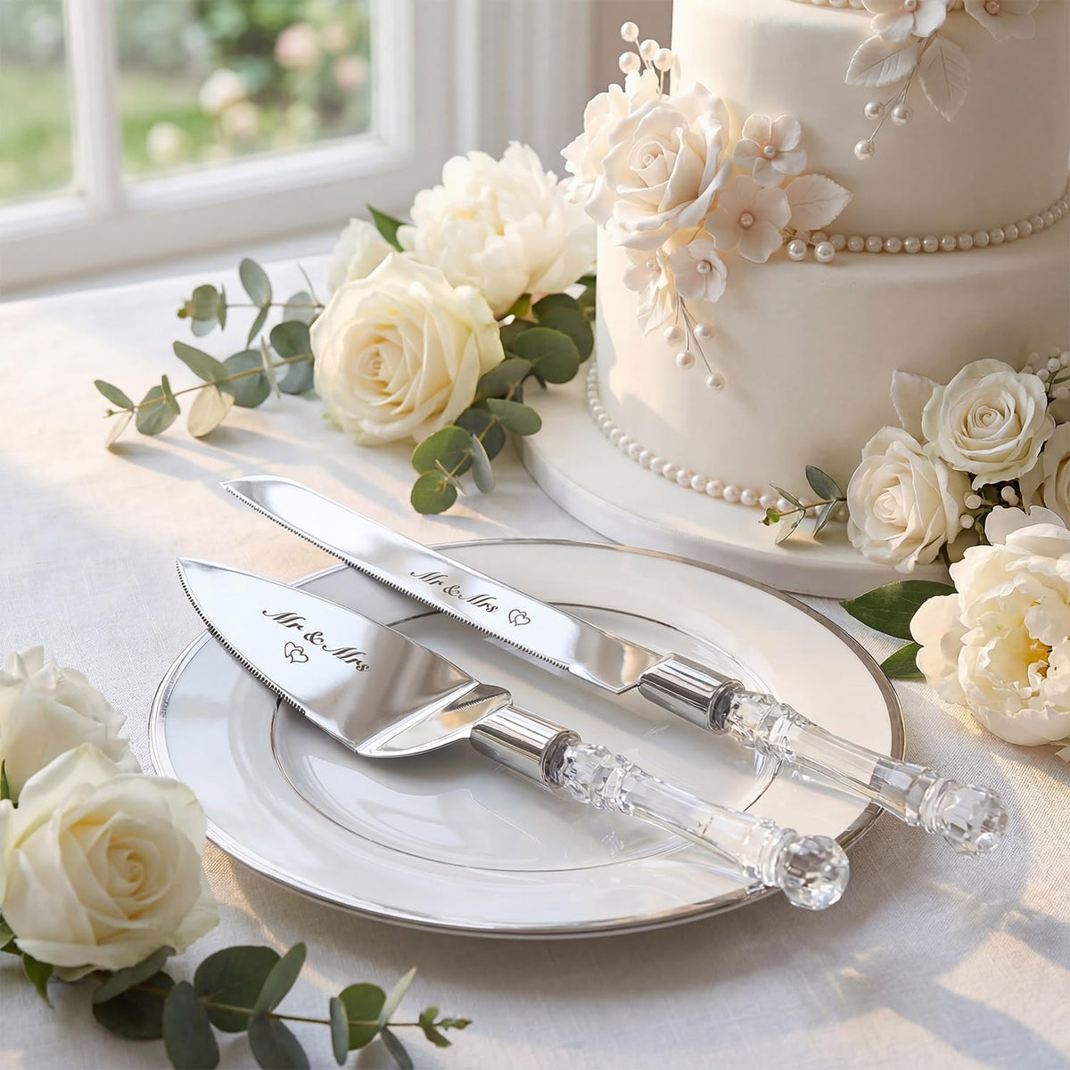 AW BRIDAL cake knife shows precise cutting with 13.2-inch blade.