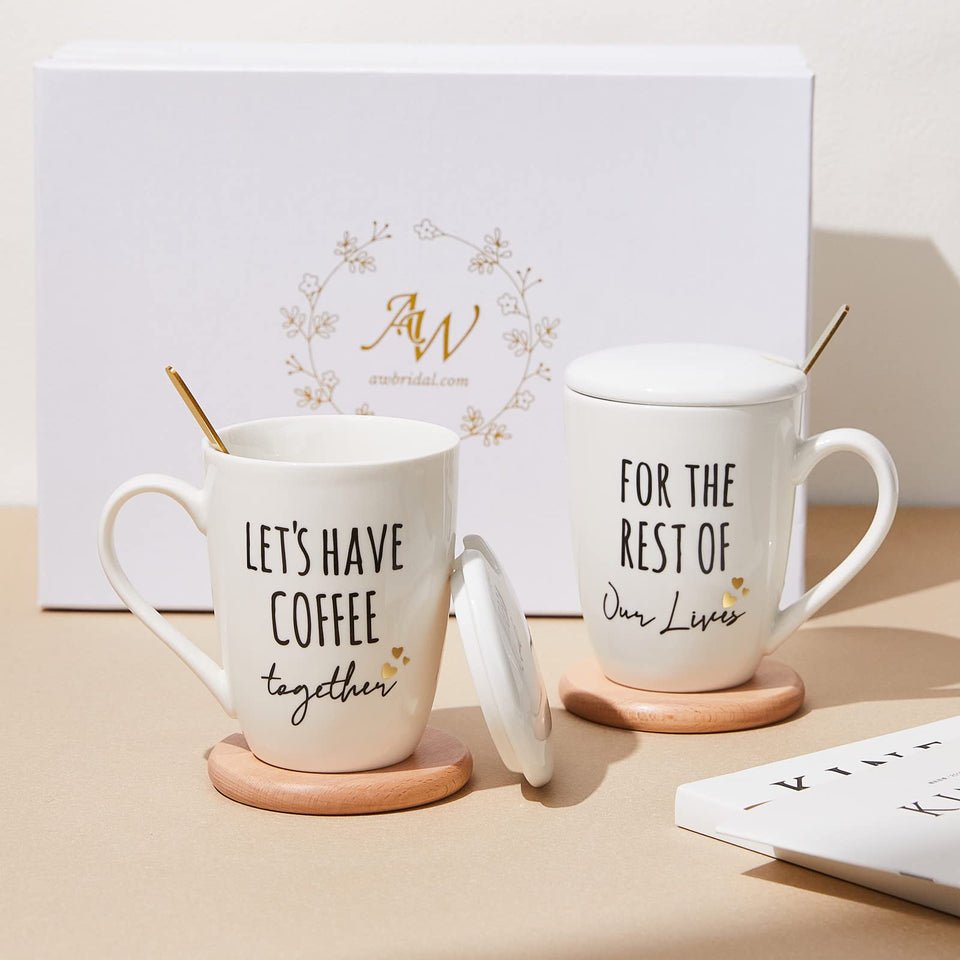 AW BRIDAL ceramic engagement mugs with lids in premium gift box for gifting