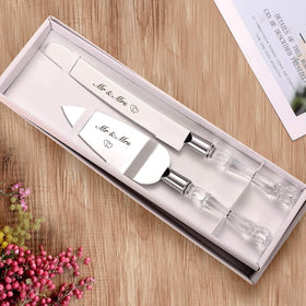 AW BRIDAL Mr and Mrs engraved blades for a timeless keepsake.