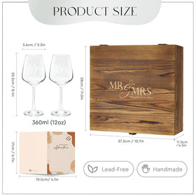 Close-up of AW BRIDAL Mr & Mrs wine glasses showing crystal clarity