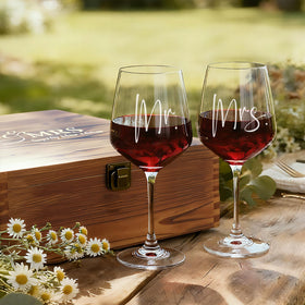 Wooden keepsake box opened with glasses inside